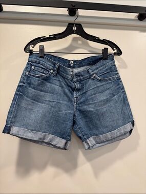 7 For All Mankind Mid-Rise Rolled Hem Denim Shorts in Blue